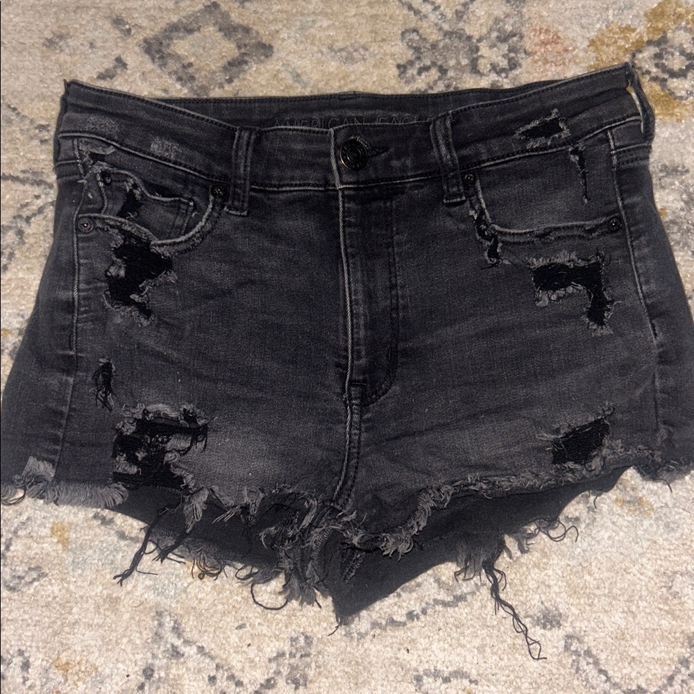Black Distressed Denim Shorts from AE